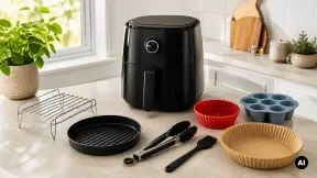 Air fryer genérica rodeada de grelha, formas, pinças e pincel numa bancada de cozinha.