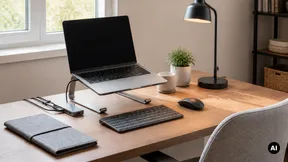 Secretária de home office com acessórios genéricos e sem marcas.
