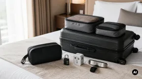 Mala de cabine genérica com organizadores, cadeado e adaptador de viagem.