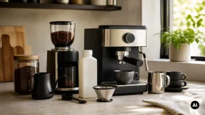 Bancada de café com chávenas, moinho, filtros e acessórios genéricos.