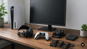 Setup gaming genérico com comando, headset e armazenamento sem marcas.