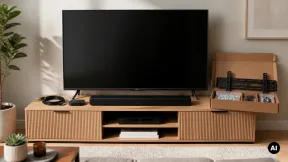 Sala com TV genérica, soundbar, cabo HDMI e suporte sem logótipos.