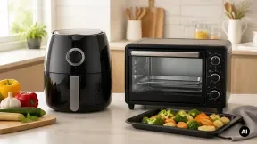 Bancada de cozinha com air fryer genérica, forno compacto e acessórios.