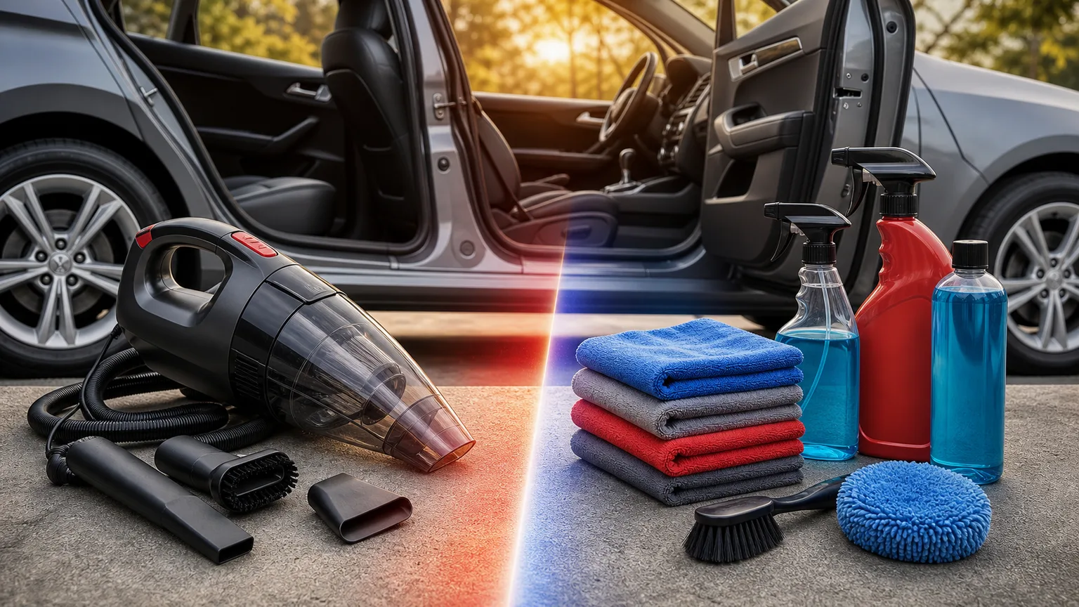 Aspirador auto genérico e produtos de limpeza genéricos lado a lado junto a um carro limpo.