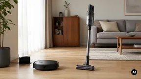 Aspirador robot com base e aspirador vertical genéricos numa sala.
