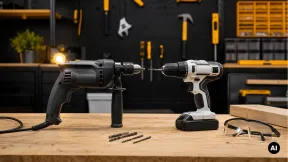 Berbequim com fio e berbequim a bateria genéricos lado a lado numa bancada de bricolage.