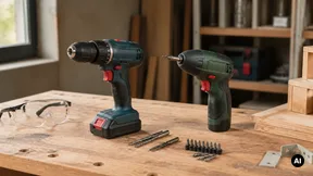 Bancada de bricolage com ferramentas elétricas, pontas e óculos de proteção.
