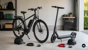 Garagem urbana com bicicleta elétrica estilizada, trotinete e acessórios de segurança.
