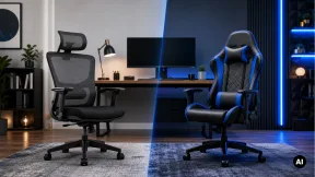 Cadeira de escritório e cadeira gaming genéricas lado a lado numa secretária.