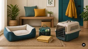 Cama e transportadora genéricas totalmente visíveis lado a lado numa entrada de casa.