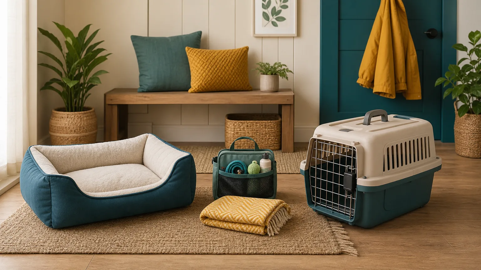 Cama e transportadora genéricas totalmente visíveis lado a lado numa entrada de casa.