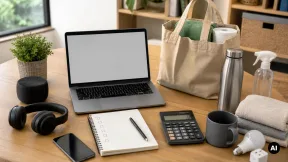 Mesa de planeamento de compras com portátil, lista e produtos genéricos sem marcas.