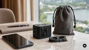 Adaptador universal de viagem genérico junto a um telemóvel e cabo USB numa mesa de hotel.