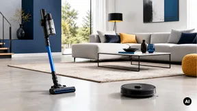 Aspirador vertical e robot genéricos numa casa organizada sem marcas.