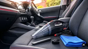 Aspirador auto genérico totalmente visível junto a acessórios de limpeza num interior de carro organizado.