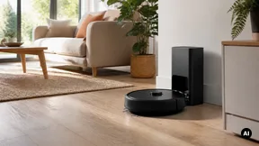 Sala limpa com aspirador robot genérico, base e tapete claro.
