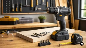 Berbequim elétrico genérico com brocas e óculos de proteção numa bancada de bricolage.