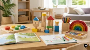 Mesa infantil com brinquedos educativos genéricos, peças grandes e livros.