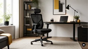 Cadeira de escritório ergonómica genérica diante de uma secretária organizada.
