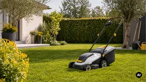 Cortador de relva genérico num jardim cuidado.