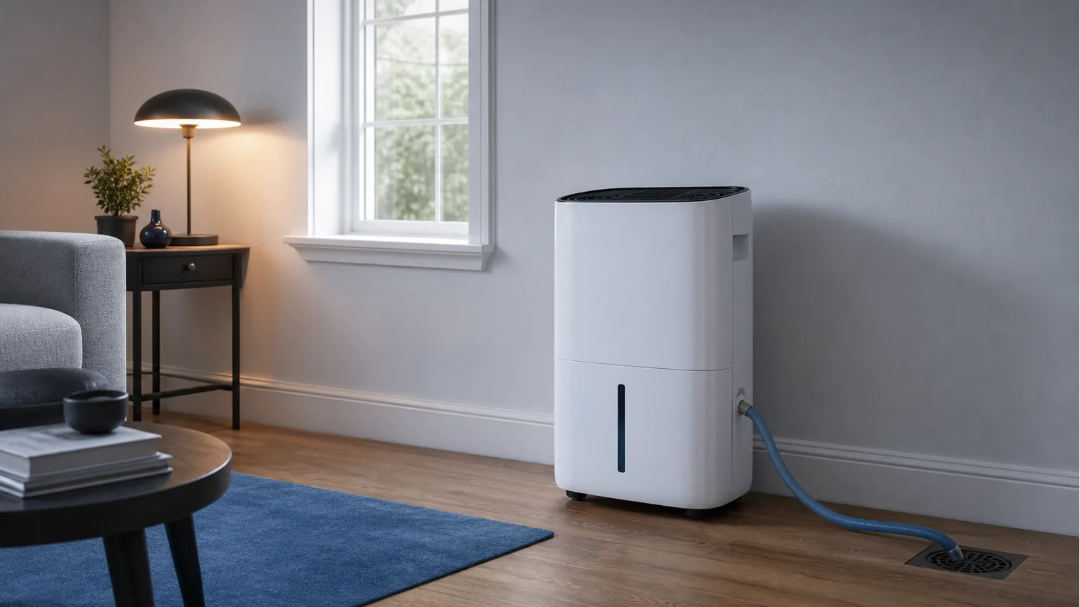 Desumidificador genérico numa divisão doméstica ventilada sem marcas.