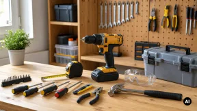 Bancada de bricolage com berbequim, pontas, caixa de ferramentas e proteção.