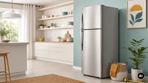 Frigorífico genérico totalmente visível numa cozinha clara, com fita métrica junto à base.