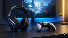 Headset gaming genérico junto a um comando e computador sem marcas.