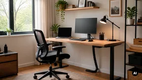 Secretária de home office com monitor, cadeira, candeeiro e acessórios organizados.