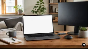 Secretária com portátil genérico, monitor, rato e acessórios de trabalho.