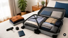 Mala de viagem aberta com organizadores, balança de bagagem e adaptador genéricos.