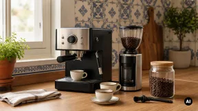 Bancada de café com máquina genérica, chávenas, moinho e acessórios.