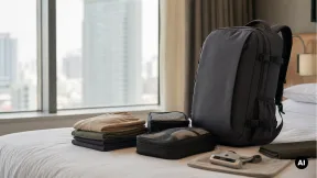 Mochila de viagem genérica com organizadores e roupa dobrada numa preparação de viagem.