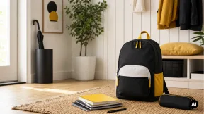 Mochila escolar genérica totalmente visível junto a cadernos e estojo numa entrada organizada.