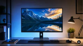 Monitor genérico numa secretária organizada para trabalho e gaming sem marcas.