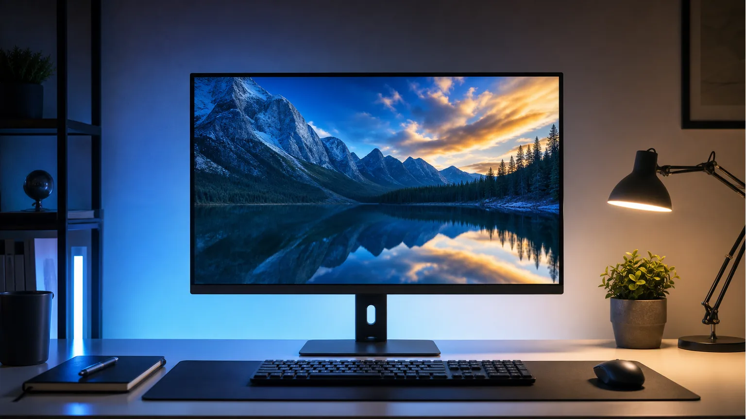 Monitor genérico numa secretária organizada para trabalho e gaming sem marcas.