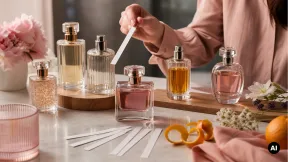 Frascos de perfume genéricos e tiras de teste numa bancada de seleção de fragrâncias.