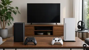 Duas consolas genéricas, comandos e auscultadores numa sala com televisão.