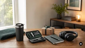 Mesa com presentes genéricos, acessórios e cartão sem texto legível, sem marcas.