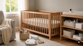 Quarto de bebé com berço de madeira vazio, monitor e produtos essenciais sem marcas.