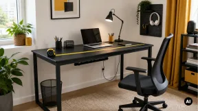 Secretária genérica com fita métrica, portátil e organização de cabos num home office.