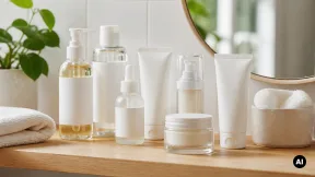 Bancada de casa de banho com produtos de skincare genéricos e toalha clara.