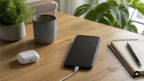 Telemóvel genérico ligado a um cabo de carregamento, com estojo de auriculares e caderno numa mesa.