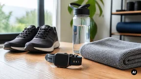 Mesa de treino com smartwatch genérico, garrafa e acessórios de fitness.
