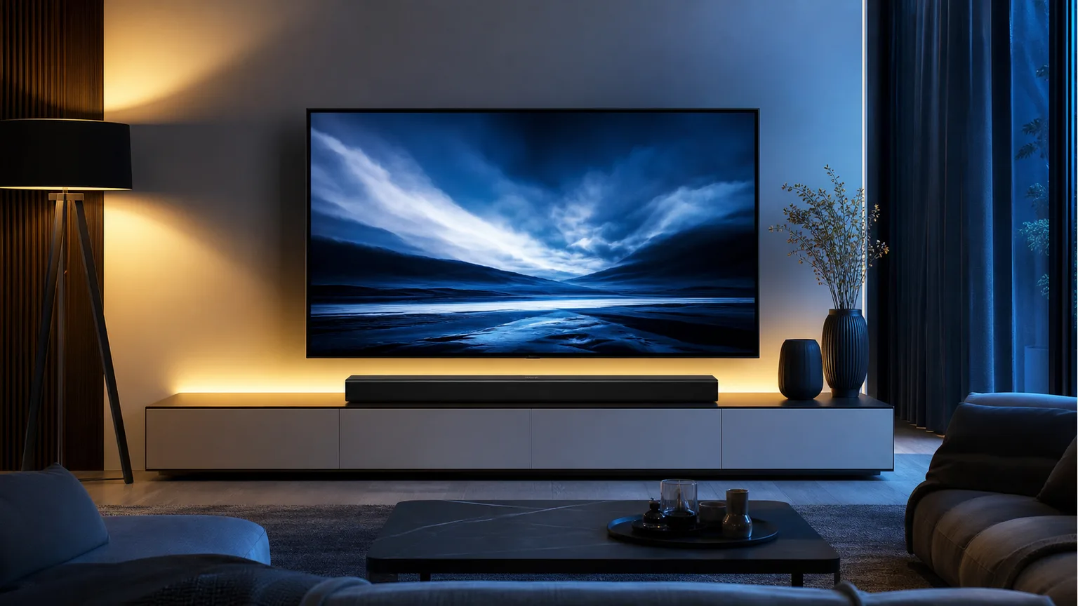 Soundbar genérica colocada sob uma televisão numa sala sem marcas.