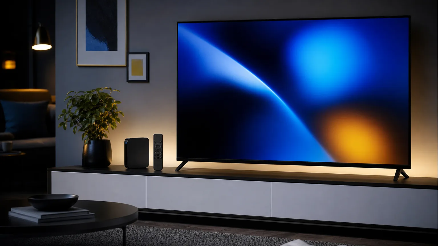 Dispositivo de streaming genérico ligado a uma televisão numa sala sem marcas.