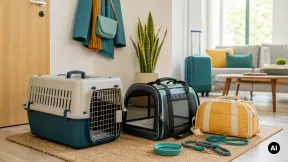 Transportadoras genéricas rígida e flexível junto a uma mala de viagem numa entrada de casa.