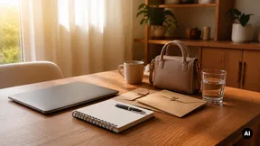 Mesa com portátil fechado, caderno, caneta e envelopes, junto de uma mala e um copo de água.