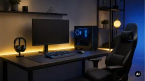 Secretária gaming com monitor, computador, teclado, rato, auscultadores e cadeira sem marcas.