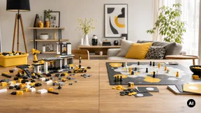 Conjunto de construção genérico e jogo de tabuleiro genérico lado a lado numa mesa familiar.